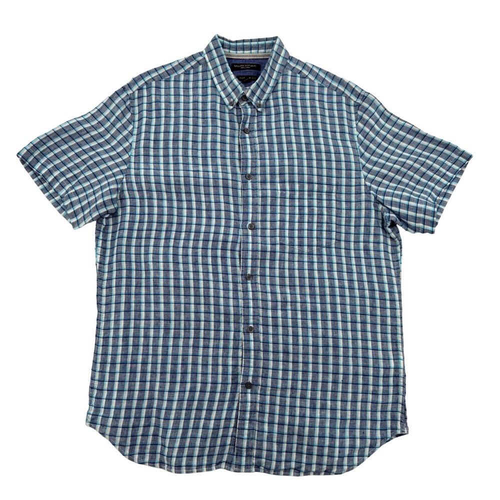 Banana Republic Mens Large Blue Plaid 100% Linen Camden Fit Short Sleeve Shirt